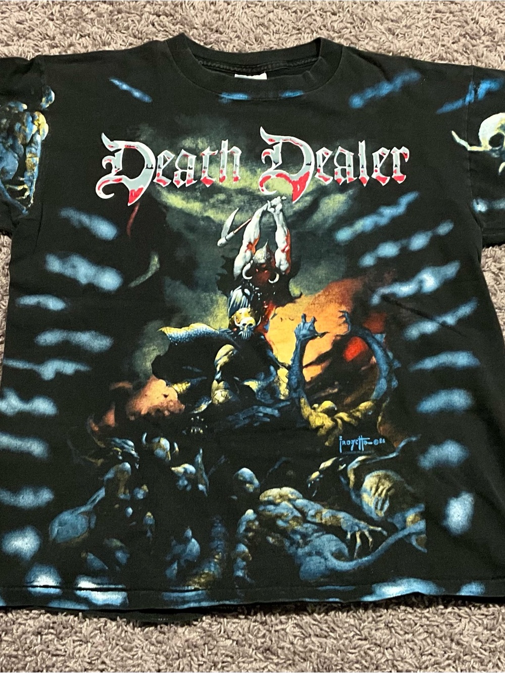 Vintage 90s Single Stitch Death Dealer Frank Frazetta AOP Shirt Sz Large